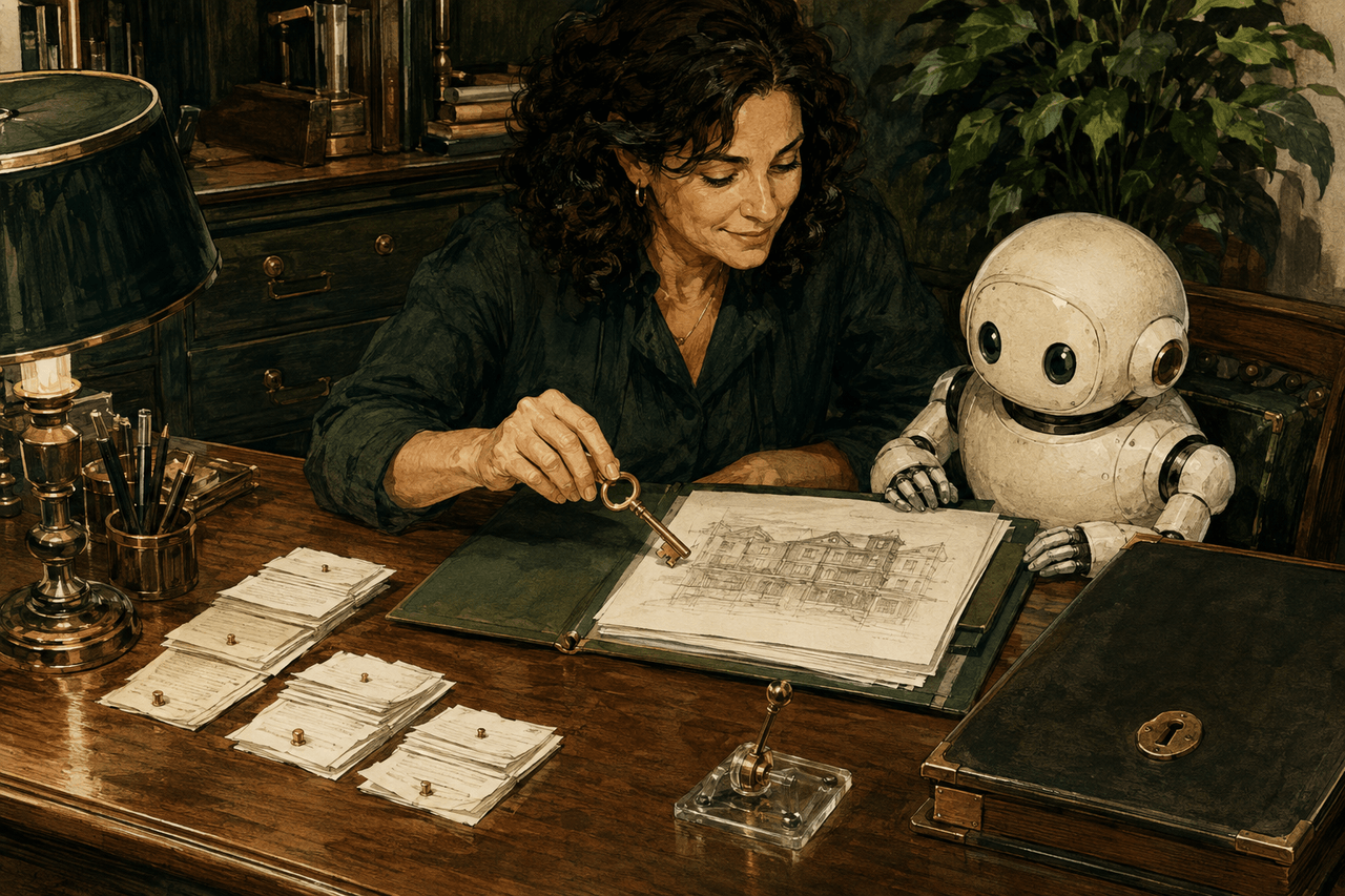 The business owner holds the permission key as she reviews work with her assistant; private records stay closed.