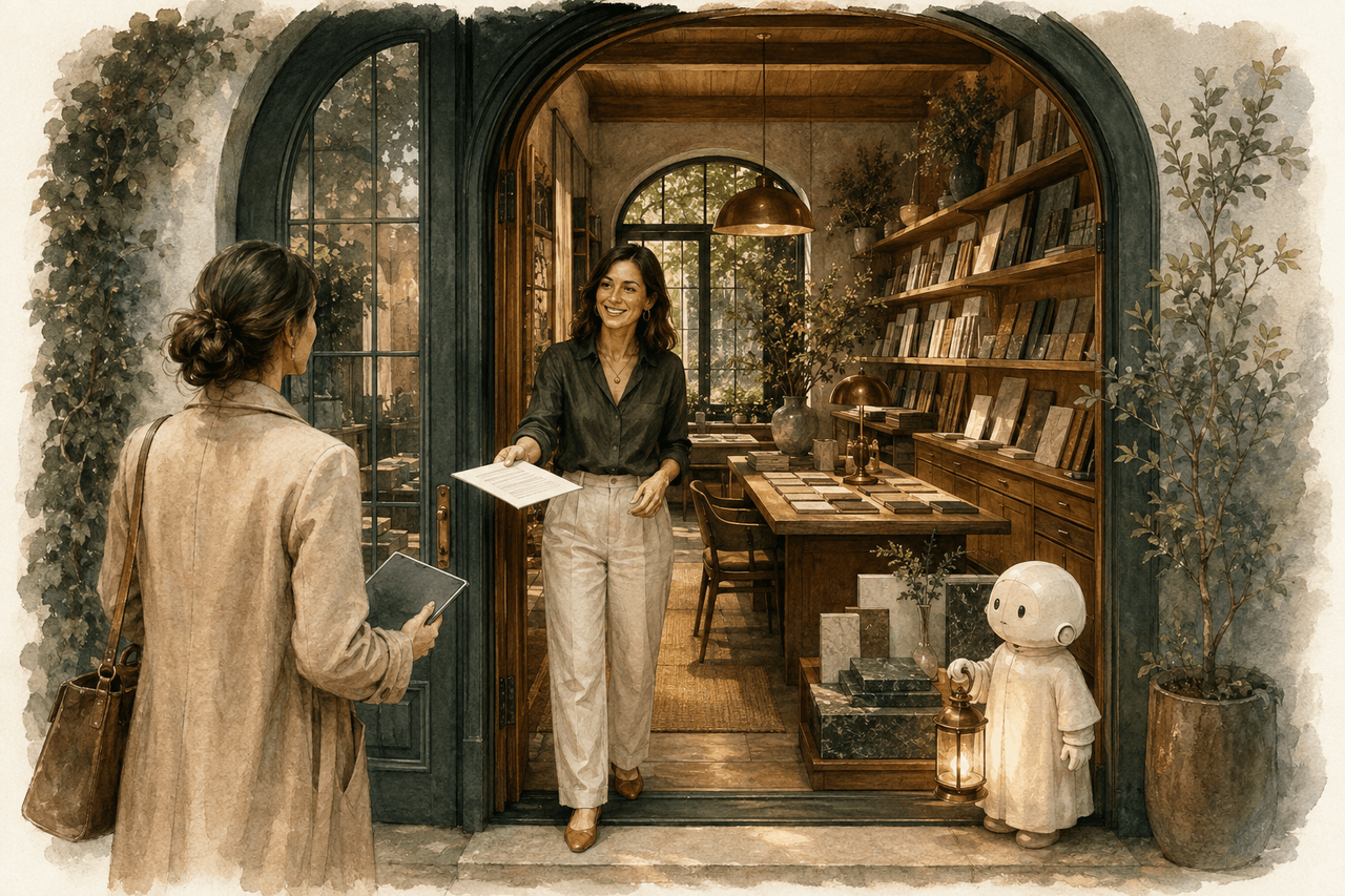 A customer is welcomed through the studio’s own green doorway, with knowledge and help waiting inside.